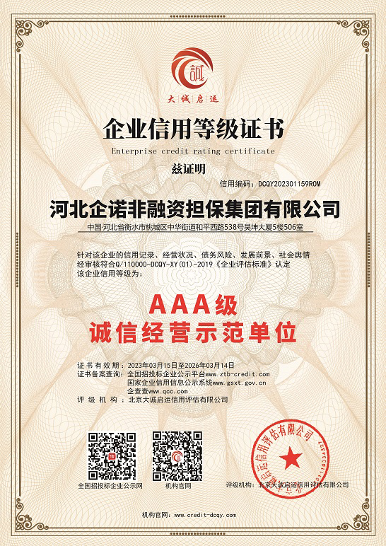 资质荣誉_河北企诺非融资担保集团有限公司
